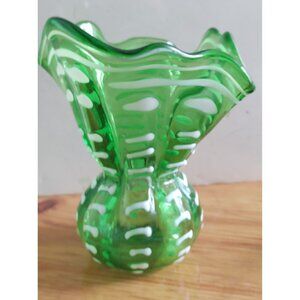 Hand Blown Nailsea Style Green Glass Vase with combed white glass ribs 5 1/2 in